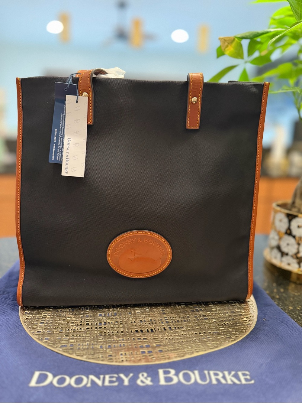 Dooney & Bourke Black Lariat Tote with Brown Trim and Leather Logo NWT